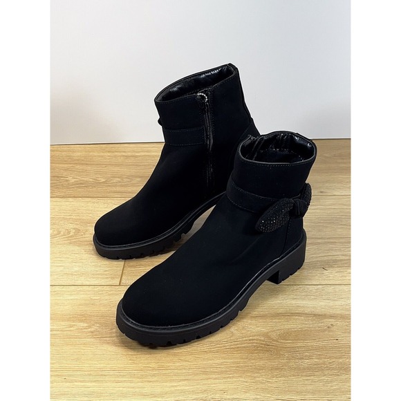 Black Rivet Ankle Boots Size 6M Lug Sole‎ Booties Rhinestone Bow Accent NWT - Picture 1 of 12